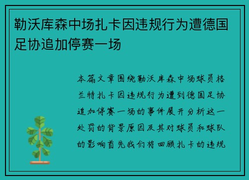 勒沃库森中场扎卡因违规行为遭德国足协追加停赛一场